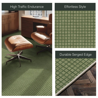 Ulfred Custom Rug - Monochrome Grid , Low Pile, Easy  Clean, Personalized Sizes - Well Woven - a green flat-woven rug in a home office setting with leather chairs, a close-up of the geometric, and a corner detail labeled "Durable Serge Edge."