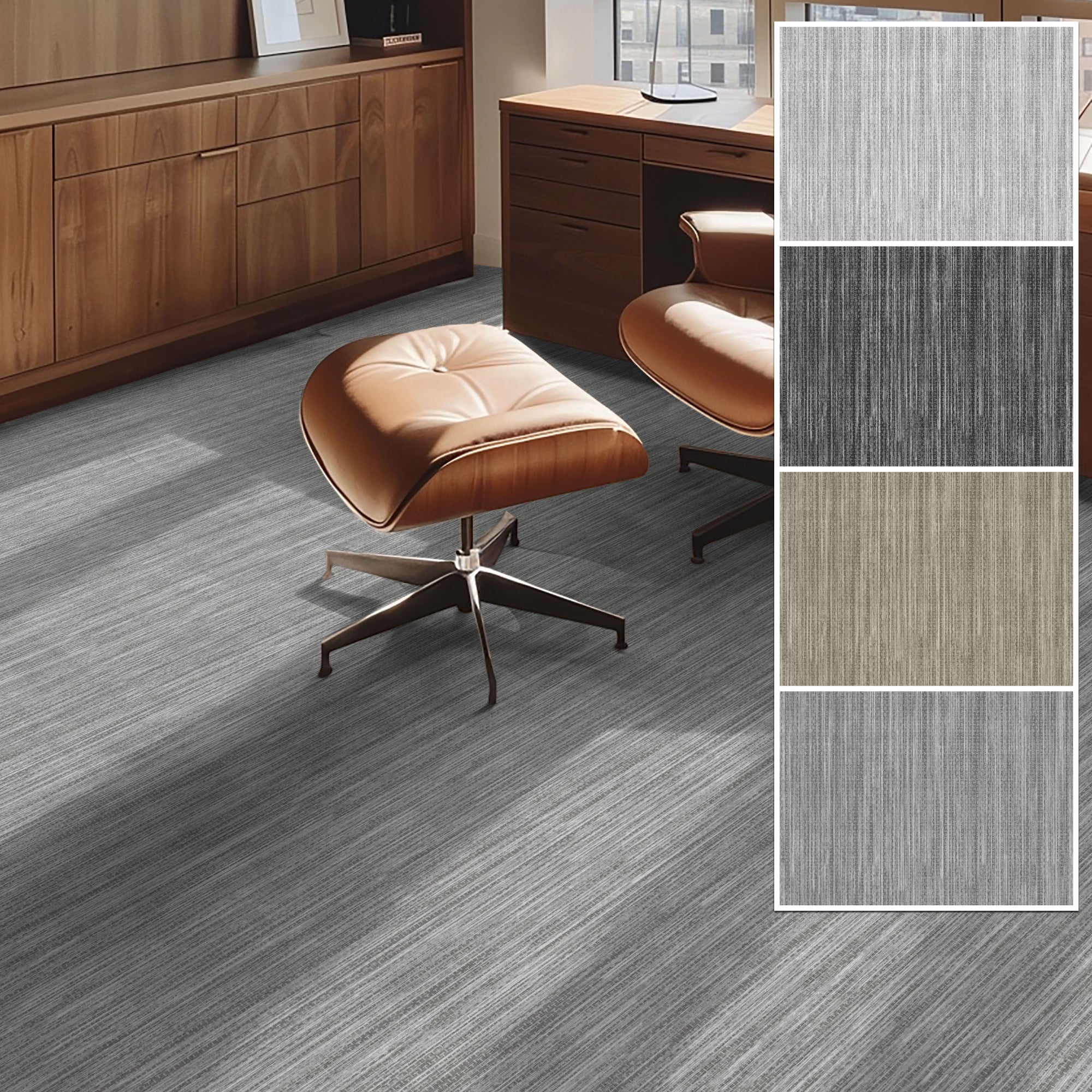 Edwin Custom Rug - Monochrome Striation , Flat Pile, Easy Clean, Customizable for Your Space - Well Woven - Room scene featuring a grey flat-woven rug in a home office with color swatches shown on the right.