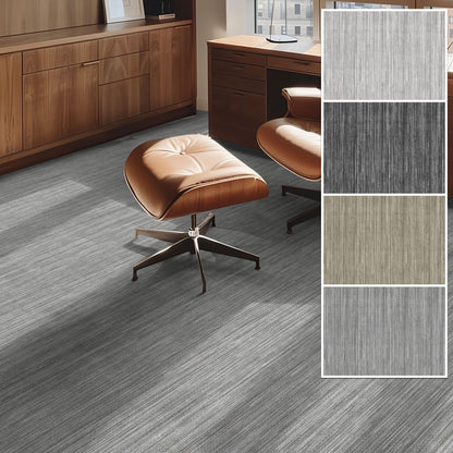 Edwin Custom Rug - Monochrome Striation , Flat Pile, Easy Clean, Customizable for Your Space - Well Woven - Room scene featuring a grey flat-woven rug in a home office with color swatches shown on the right.