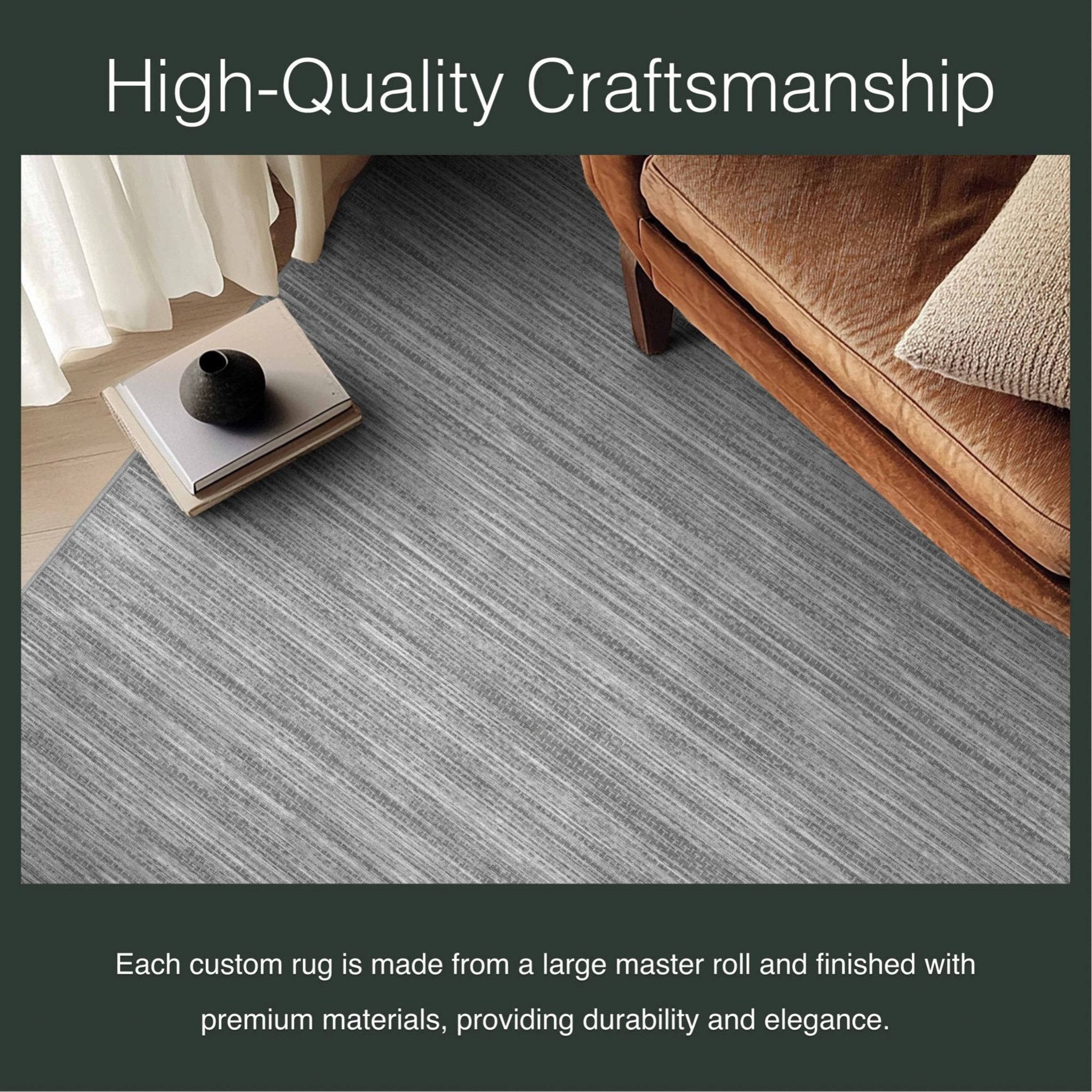 Edwin Custom Rug - Monochrome Striation , Flat Pile, Easy Clean, Customizable for Your Space - Well Woven - Close-up of grey rug weave beneath a coffee table, labeled “High-Quality Craftsmanship.”