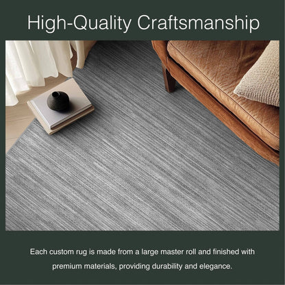 Edwin Custom Rug - Monochrome Striation , Flat Pile, Easy Clean, Customizable for Your Space - Well Woven - Close-up of grey rug weave beneath a coffee table, labeled “High-Quality Craftsmanship.”