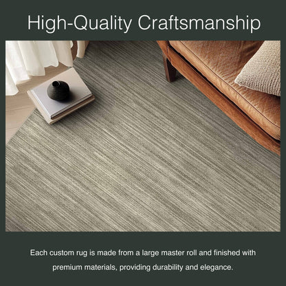Edwin Custom Rug - Monochrome Striation , Flat Pile, Easy  Clean, Customizable for Your Space - Well Woven - Close-up of beige rug weave beneath a coffee table, labeled “High-Quality Craftsmanship.”