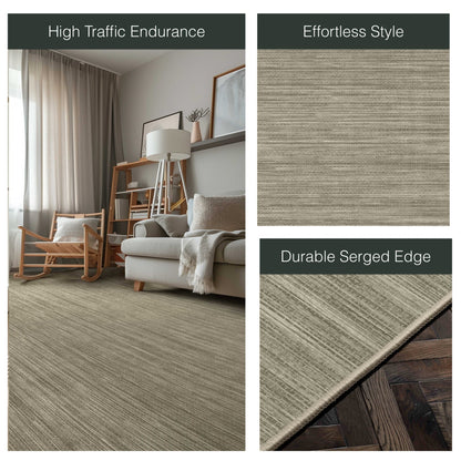 Edwin Custom Rug - Monochrome Striation , Flat Pile, Easy  Clean, Customizable for Your Space - Well Woven - Split image with the rug styled in a neutral living room and zoomed-in corner labeled “Durable Serge Edge.”