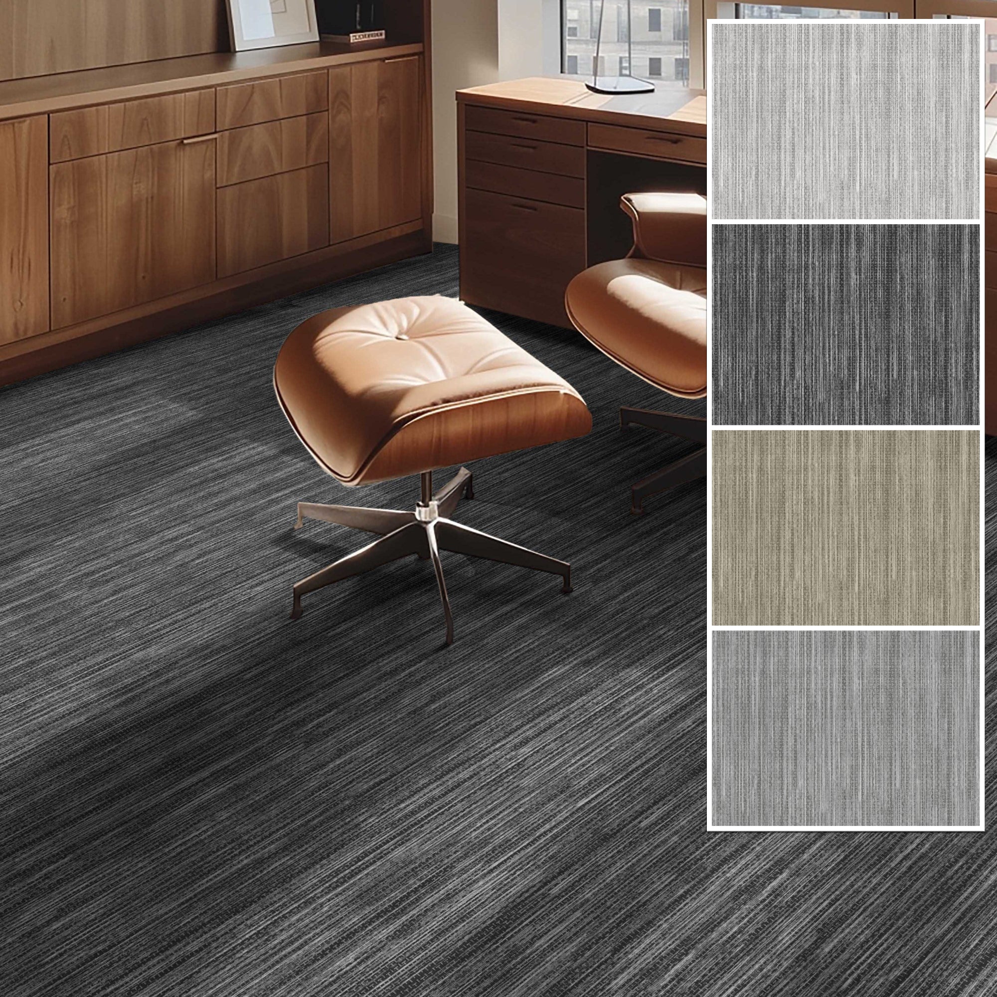 Edwin Custom Rug - Monochrome Striation , Flat Pile, Easy  Clean, Customizable for Your Space - Well Woven - Room scene featuring a dark grey flat-woven rug in a home office with color swatches shown on the right.