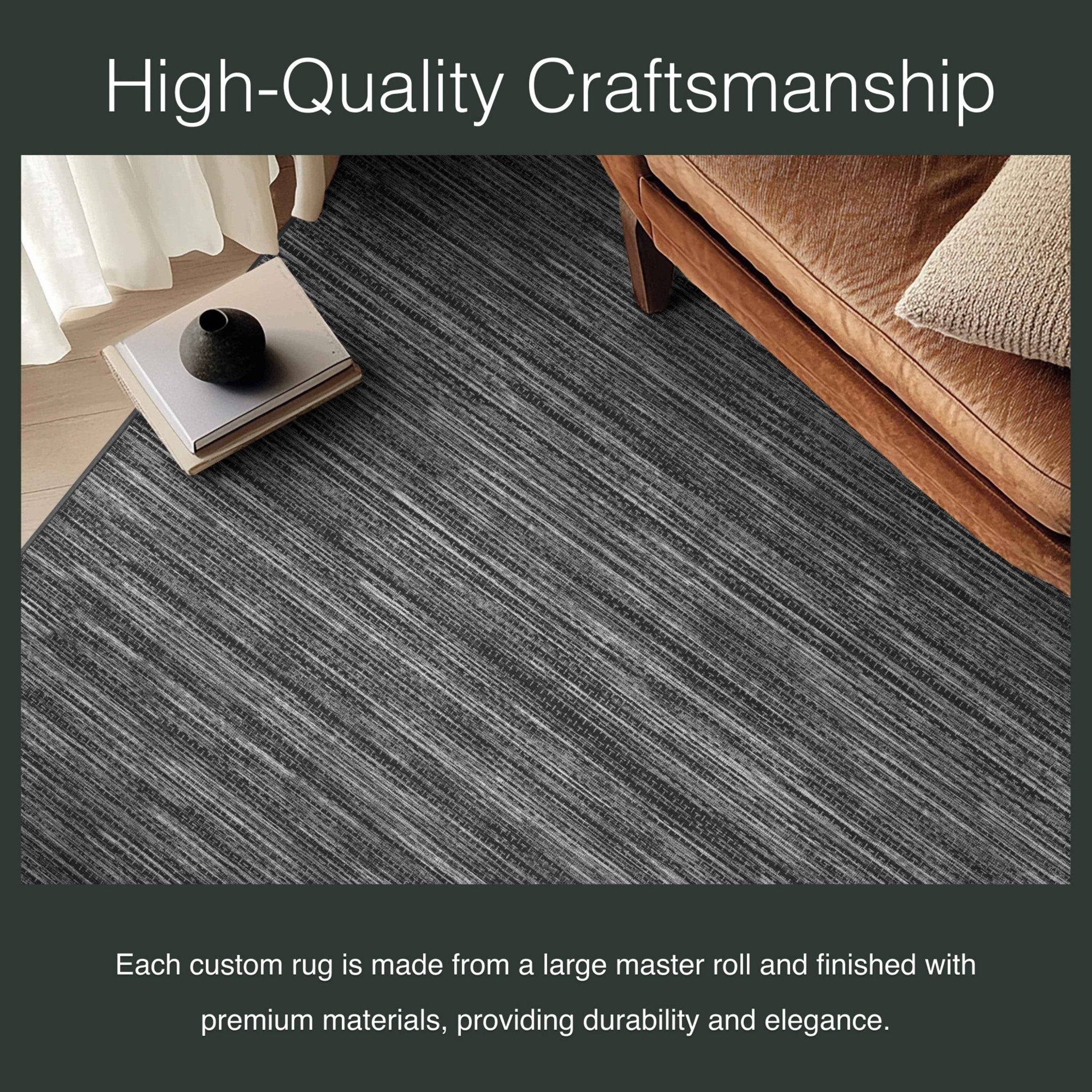 Edwin Custom Rug - Monochrome Striation , Flat Pile, Easy  Clean, Customizable for Your Space - Well Woven - Close-up of a dark grey rug weave beneath a coffee table, labeled “High-Quality Craftsmanship.”