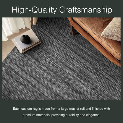 Edwin Custom Rug - Monochrome Striation , Flat Pile, Easy  Clean, Customizable for Your Space - Well Woven - Close-up of a dark grey rug weave beneath a coffee table, labeled “High-Quality Craftsmanship.”