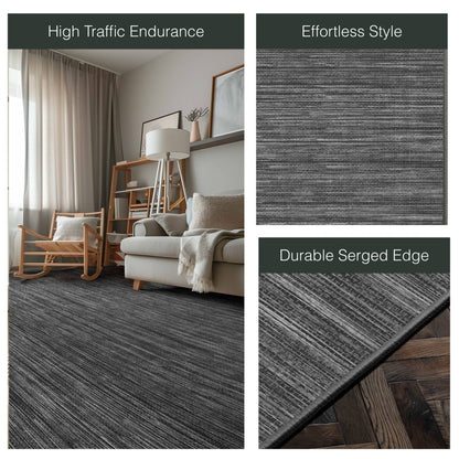 Edwin Custom Rug - Monochrome Striation , Flat Pile, Easy  Clean, Customizable for Your Space - Well Woven - Split image with the rug styled in a neutral living room and zoomed-in corner labeled “Durable Serge Edge.”