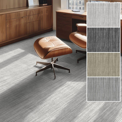 Edwin Custom Rug - Monochrome Striation , Flat Pile, Easy  Clean, Customizable for Your Space - Well Woven - Room scene featuring a light grey flat-woven rug in a home office with color swatches shown on the right.
