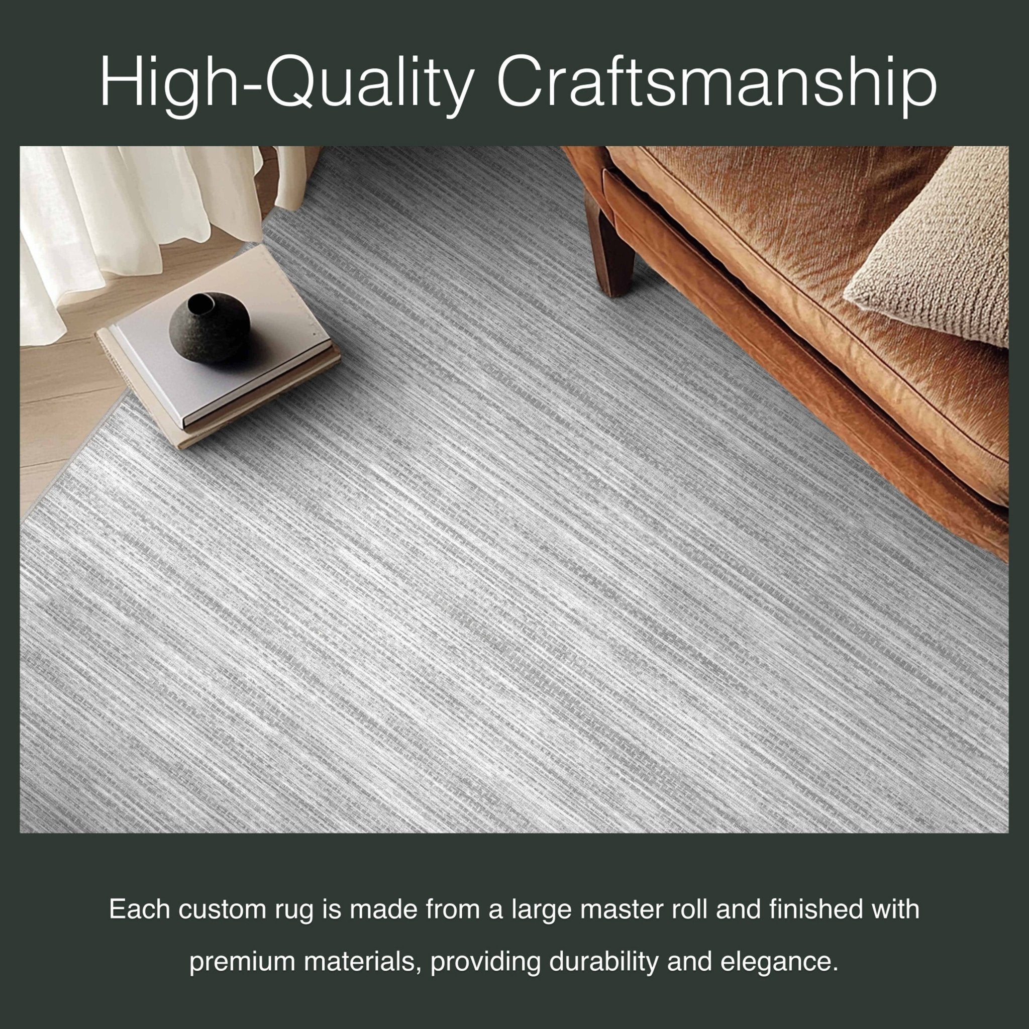 Edwin Custom Rug - Monochrome Striation , Flat Pile, Easy  Clean, Customizable for Your Space - Well Woven - Close-up of light grey rug weave beneath a coffee table, labeled “High-Quality Craftsmanship.”