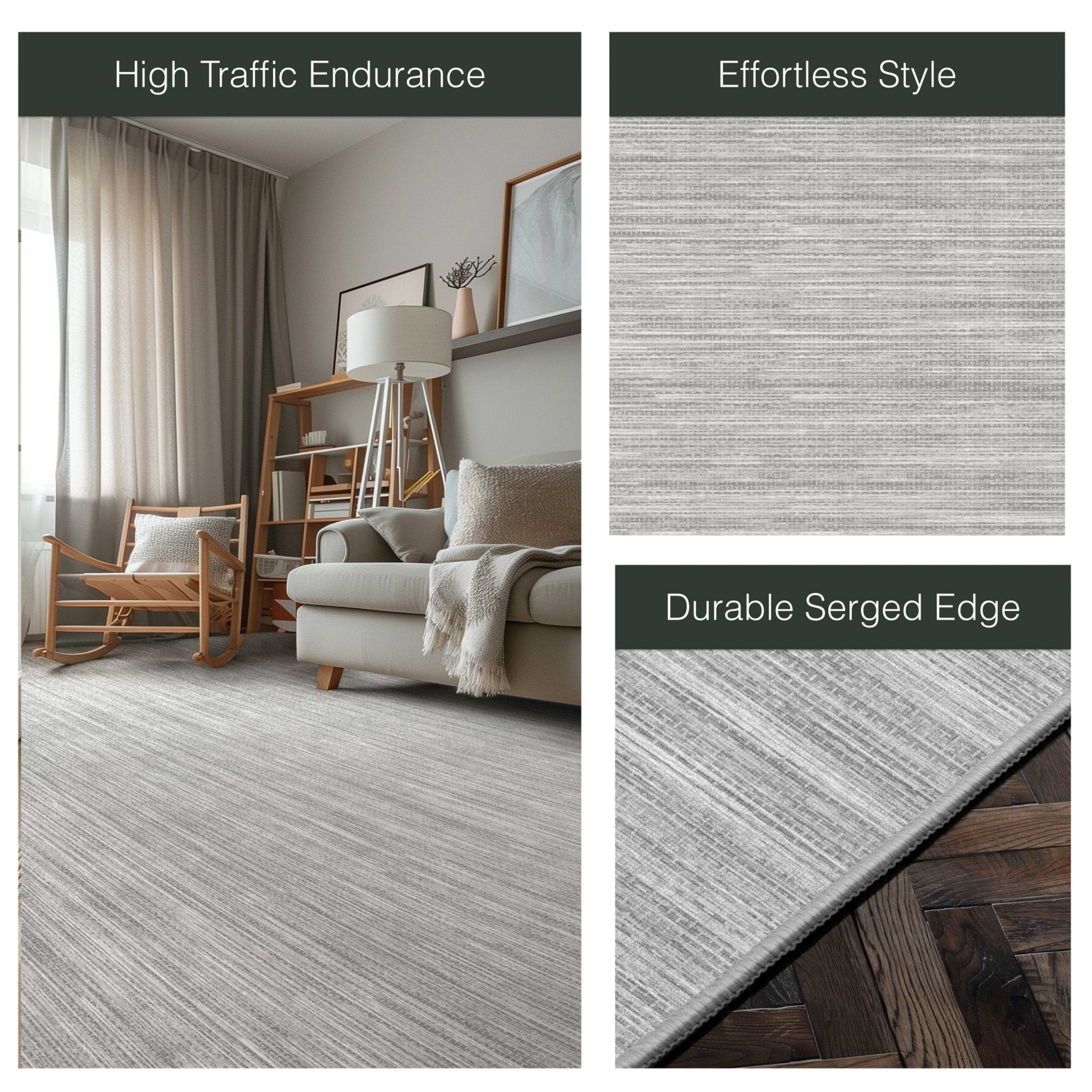Edwin Custom Rug - Monochrome Striation , Flat Pile, Easy  Clean, Customizable for Your Space - Well Woven - Split image with the rug styled in a neutral living room and zoomed-in corner labeled “Durable Serge Edge.”