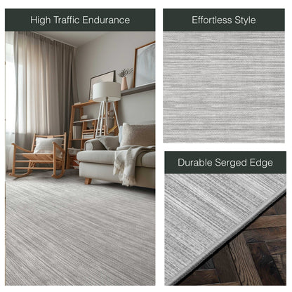 Edwin Custom Rug - Monochrome Striation , Flat Pile, Easy  Clean, Customizable for Your Space - Well Woven - Split image with the rug styled in a neutral living room and zoomed-in corner labeled “Durable Serge Edge.”