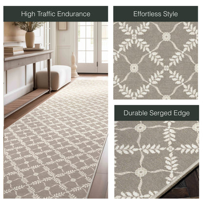 Well Woven - Aldwyn Beige Custom Rug - details of the features and geometric lattice rug pattern