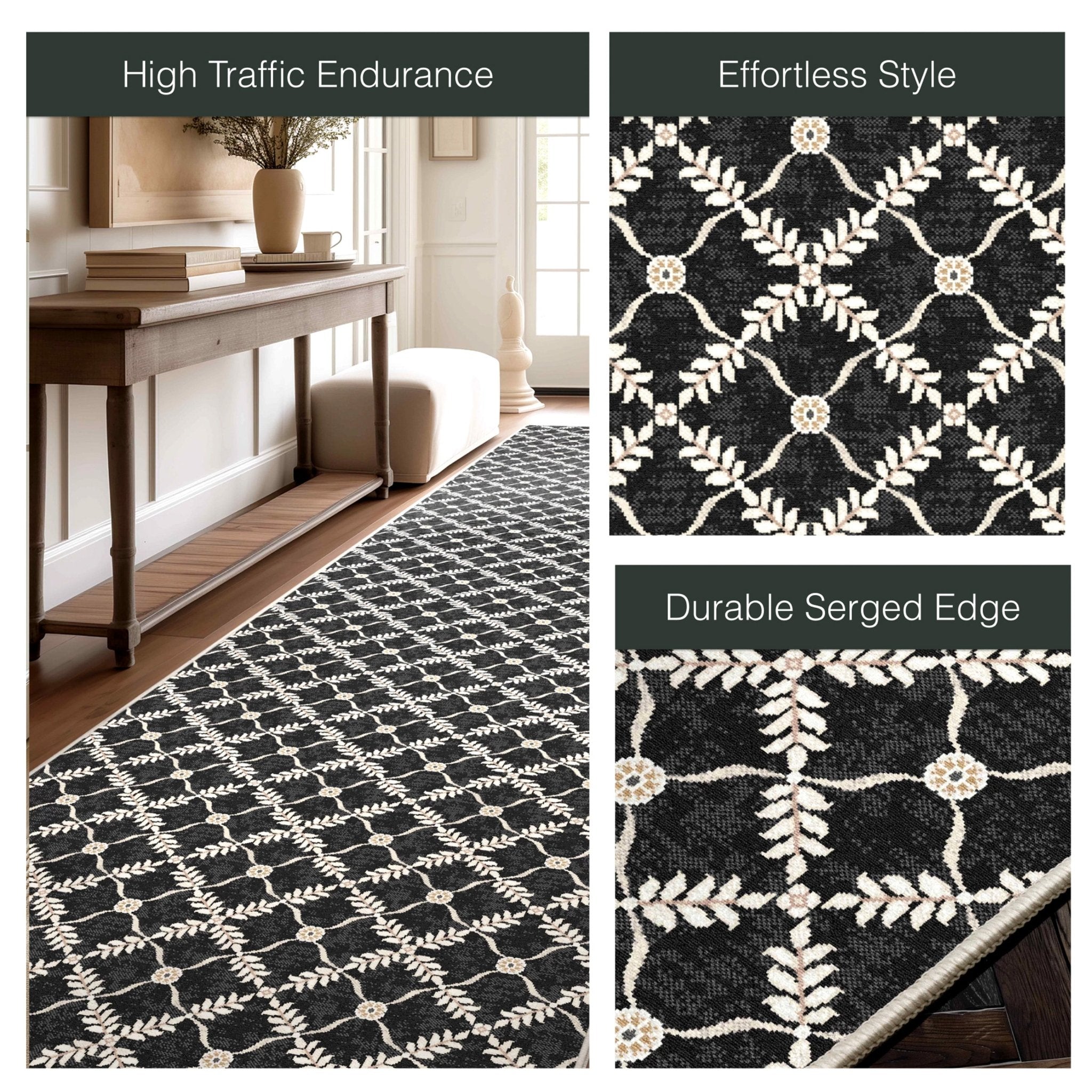 Well Woven - Aldwyn Black Custom Rug - details of the features and geometric lattice rug pattern