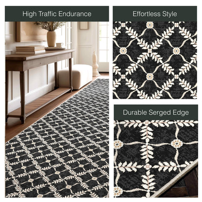 Well Woven - Aldwyn Black Custom Rug - details of the features and geometric lattice rug pattern