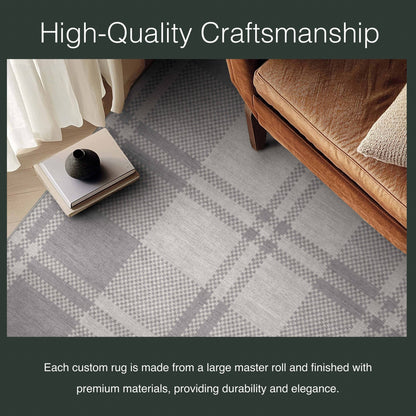 Oswald Custom Rug - Well Woven - Grey plaid rug in a living room with a leather sofa
