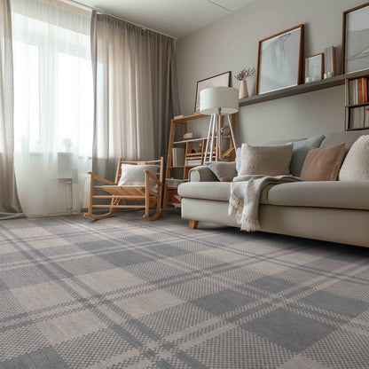 Oswald Custom Rug - Well Woven - Grey plaid rug in a living room