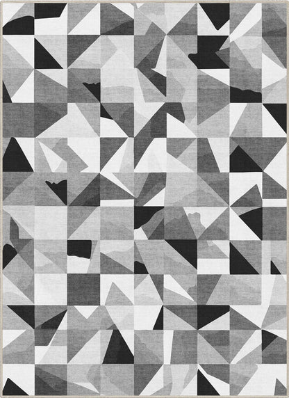 Mid-Century Modern Geometric Black & White Mosaic Pattern Flat Pile Rug Well Woven