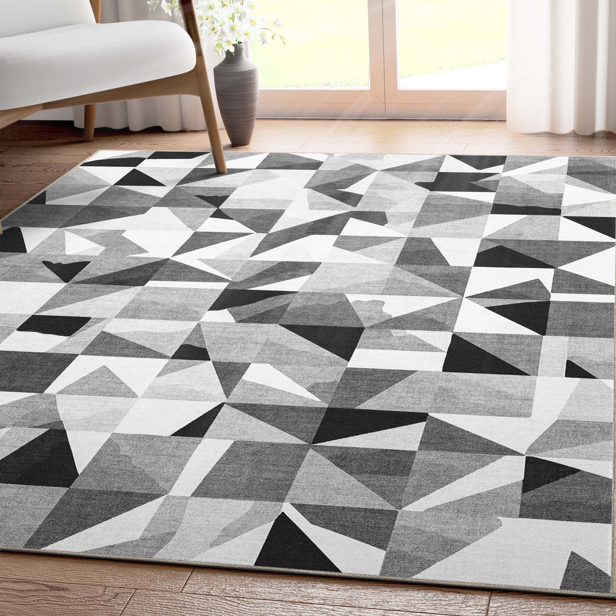 Mid-Century Modern Geometric Black & White Mosaic Pattern Flat Pile Rug Well Woven