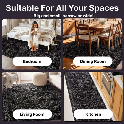 Argos Custom Size Runner Vintage Medallion Oriental Black Choose Your Width x Choose Your Length Hallway Runner Rug - Well Woven