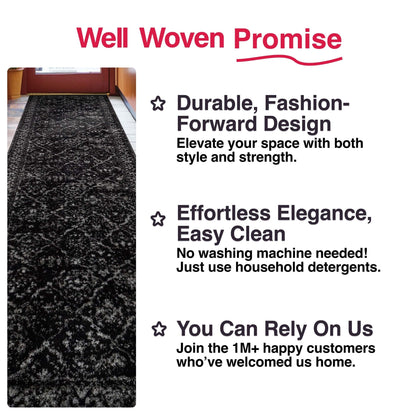 Argos Custom Size Runner Vintage Medallion Oriental Black Choose Your Width x Choose Your Length Hallway Runner Rug - Well Woven