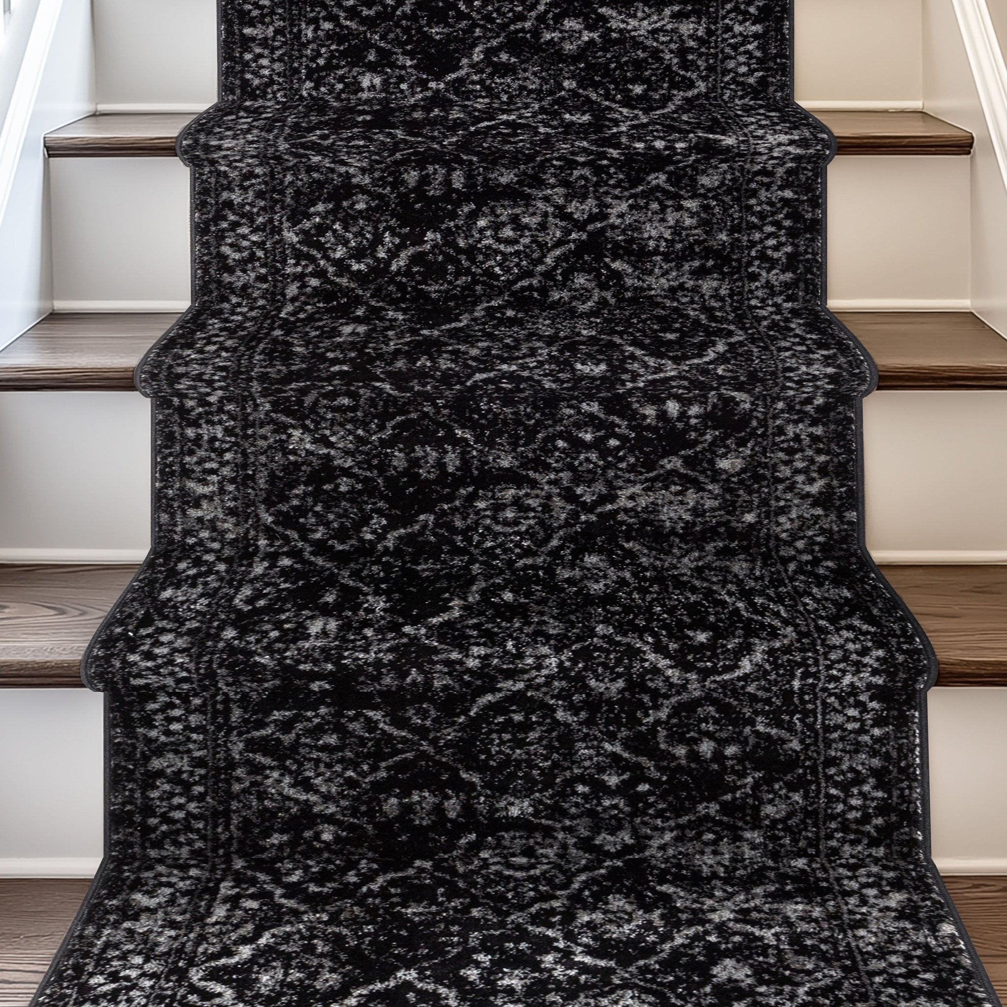 Argos Black Custom Size Runner Rug - Well Woven - Black gothic rug on a staircase