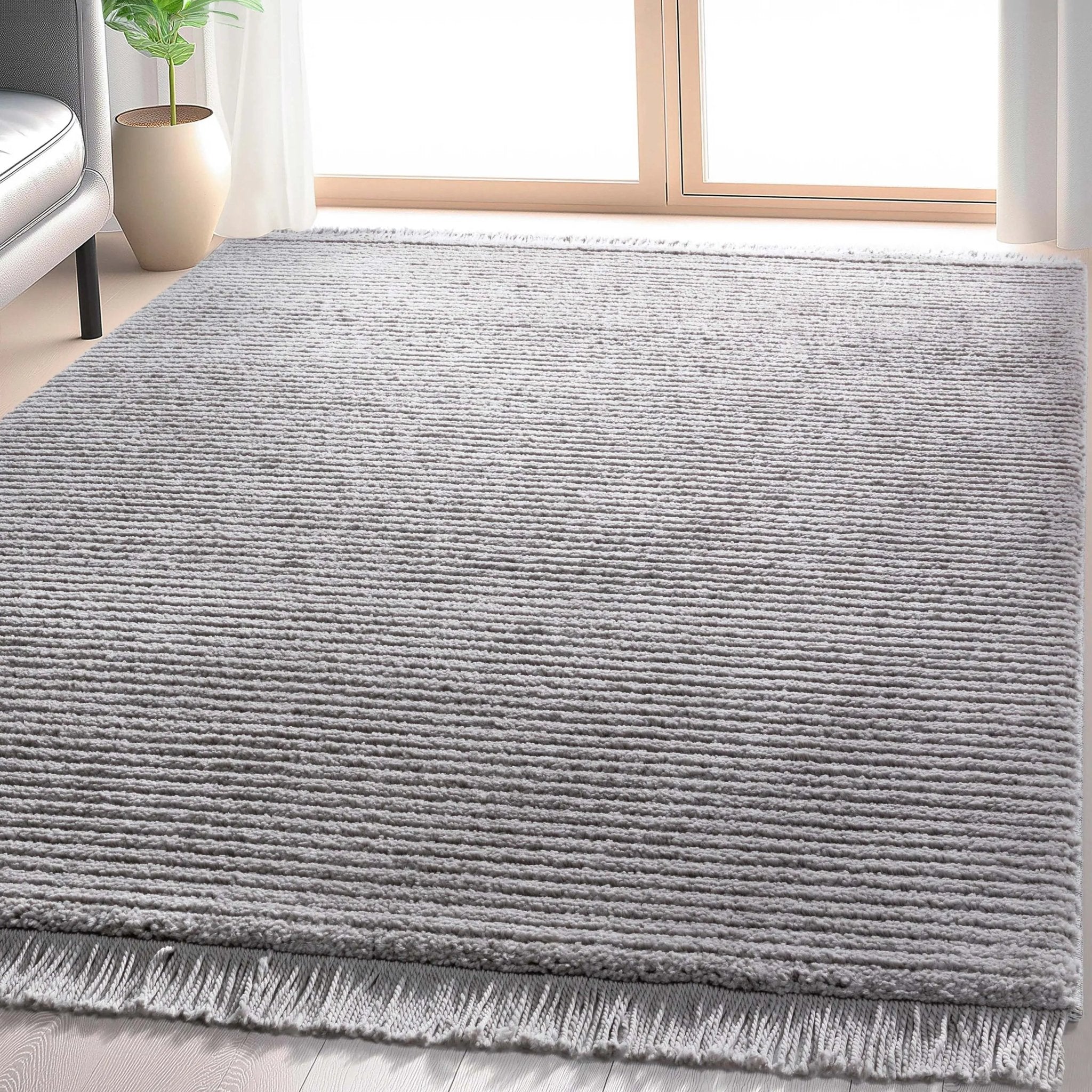 Carlow Solid & Striped Textured Taupe Ivory Ultra Soft High-Low Shag Rug Well Woven