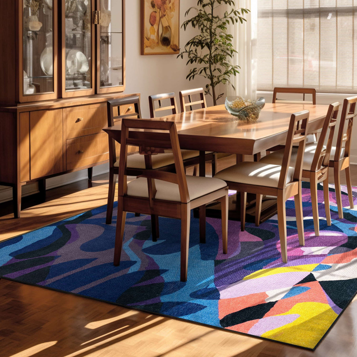 Dining room with wooden furniture, colorful rug, and decorative elements.