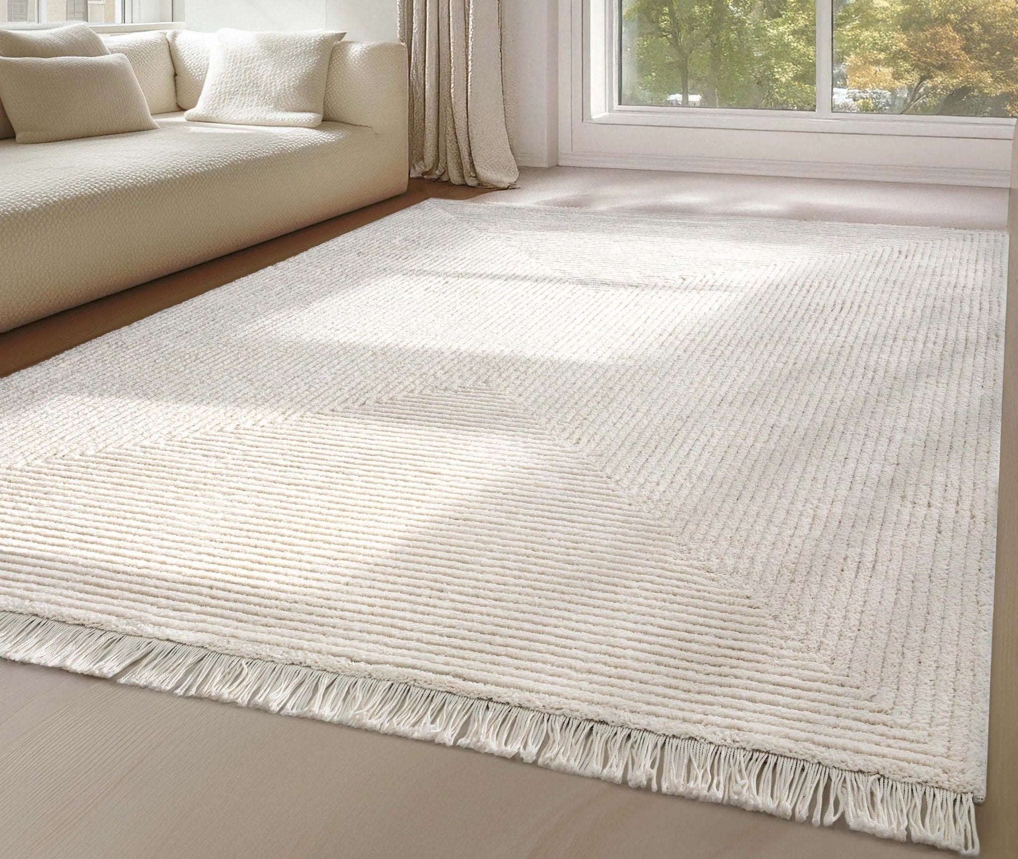 Monroe Solid & Striped Textured Ivory Ultra Soft High-Low Shag Rug Well Woven