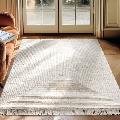 Monroe Solid & Striped Textured Ivory Ultra Soft High-Low Shag Rug Well Woven