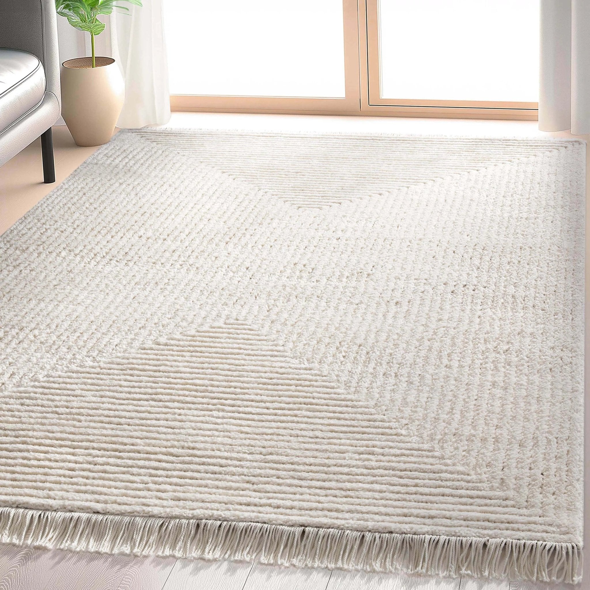 Monroe Solid & Striped Textured Ivory Ultra Soft High-Low Shag Rug Well Woven