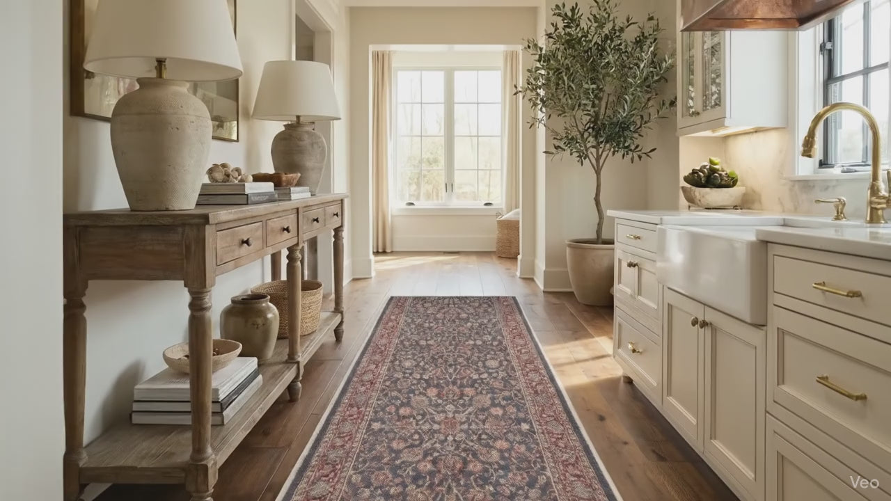 Load video: Custom Size Hallway &amp; Stair Runner Rome Vintage Oriental Floral Navy Blue Red Choose Your Width x Choose Your Runner Length