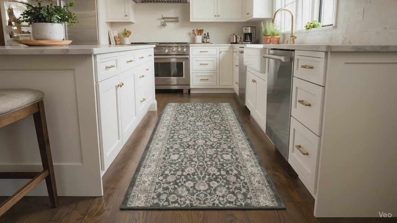 Load video: Custom Size Hallway &amp; Stair Runner Rome Vintage Oriental Floral Black Choose Your Width x Choose Your Runner Length