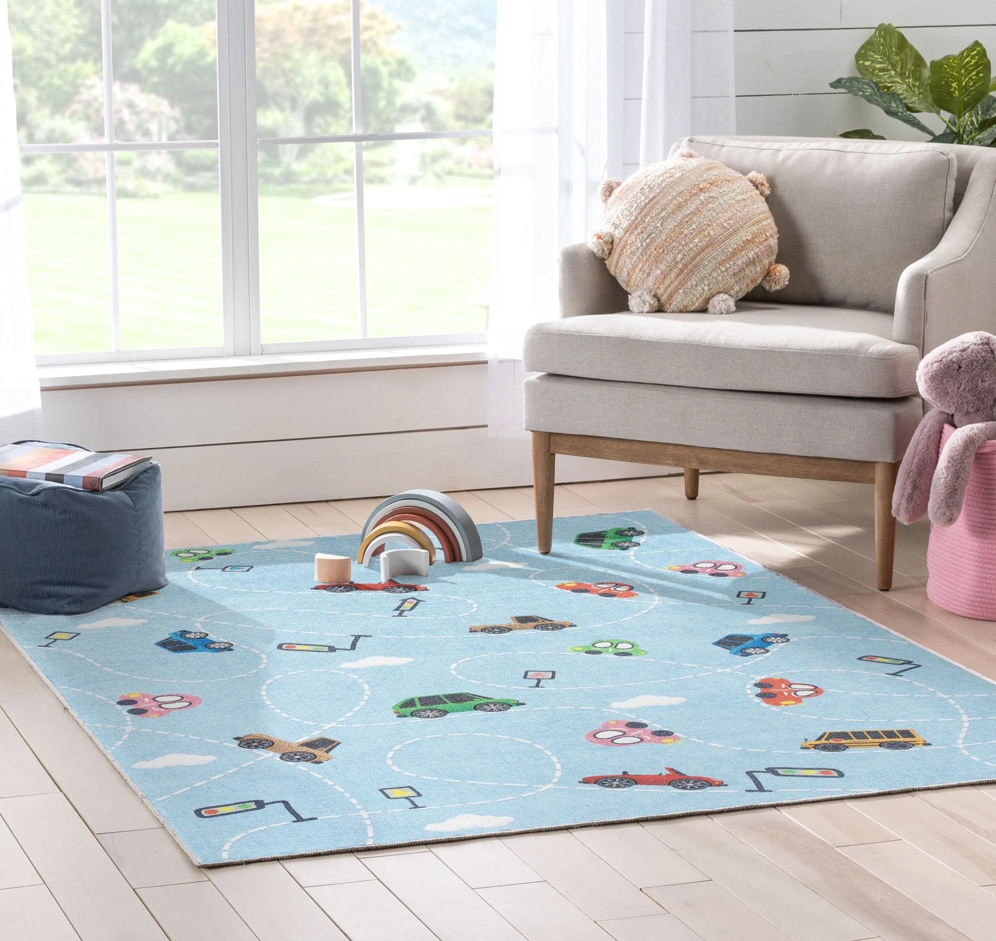 Traffic Modern Light Blue Kids Flat-Weave Rug Well Woven