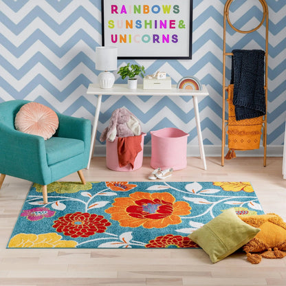 Starbright Daisy Flowers Blue Rug Well Woven