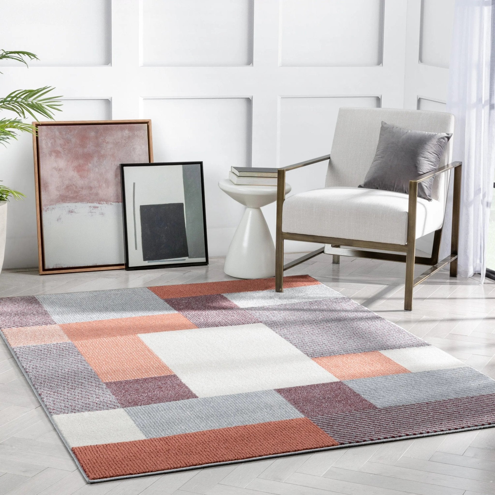 Wilma Modern Geometric Squares Blush Grey Rug Well Woven
