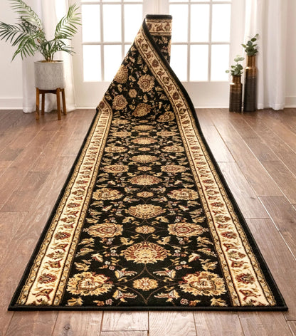 Abbasi Custom Size Runner Traditional Black Choose Your Width x Choose Your Length Hallway Runner Rug Well Woven