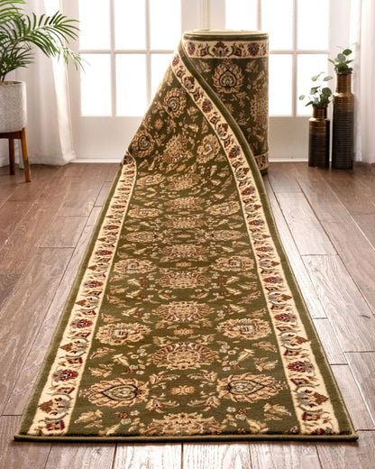 Abbasi Custom Size Runner Traditional Green Choose Your Width x Choose Your Length Hallway Runner Rug Well Woven