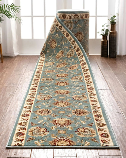 Abbasi Custom Size Runner Traditional Light Blue Choose Your Width x Choose Your Length Hallway Runner Rug Well Woven