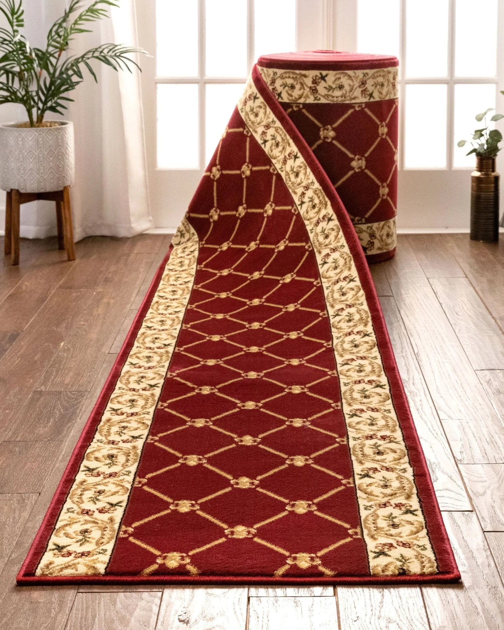Fleur De Lis Custom Size Runner Formal Red Choose Your Width x Choose Your Length Hallway Runner Rug Well Woven