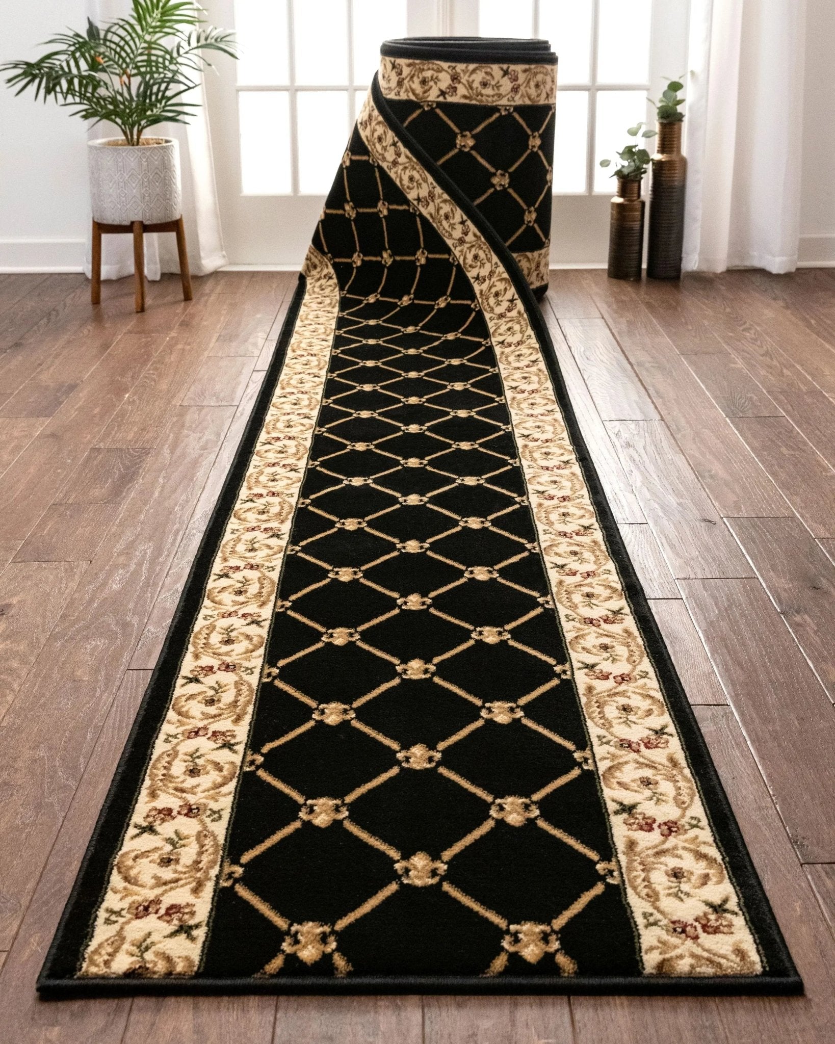 Fleur De Lis Custom Size Runner Formal Black Choose Your Width x Choose Your Length Hallway Runner Rug Well Woven