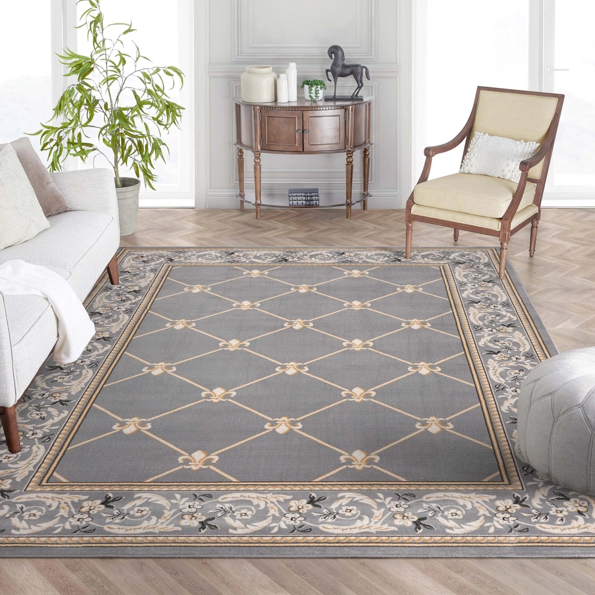 Fleur De Lis Grey Traditional Rug Well Woven