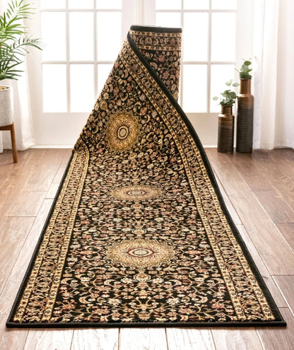Aviva Custom Size Runner Traditional Black Choose Your Width x Choose Your Length Hallway Runner Rug Well Woven