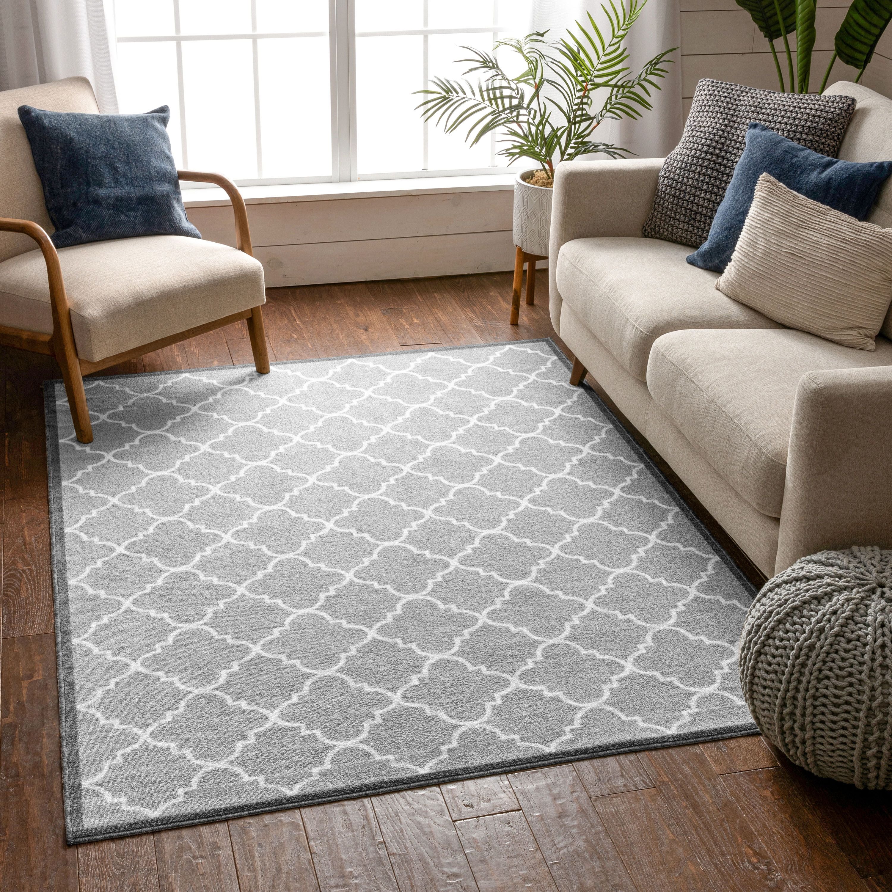 Brooklyn Trellis Grey Modern Non Slip Washable Rug Well Woven
