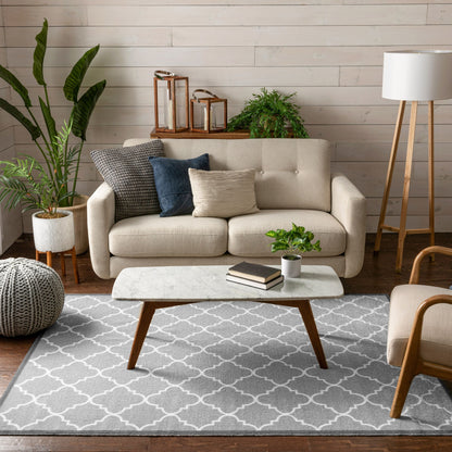 Brooklyn Trellis Grey Modern Non Slip Washable Rug Well Woven