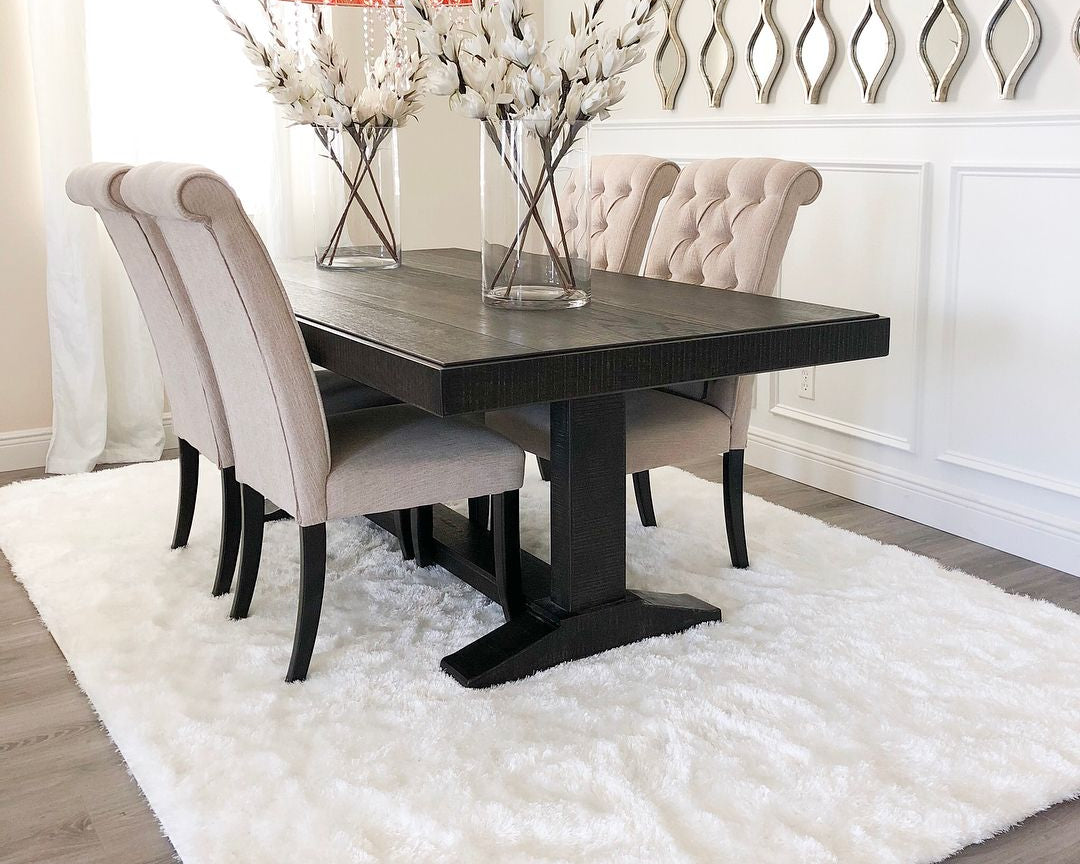 Feather Collection Liza  White Shag Rug –   Sparkly, Plush, Minimalist Glam - Well Woven - white rug in a modern dining room