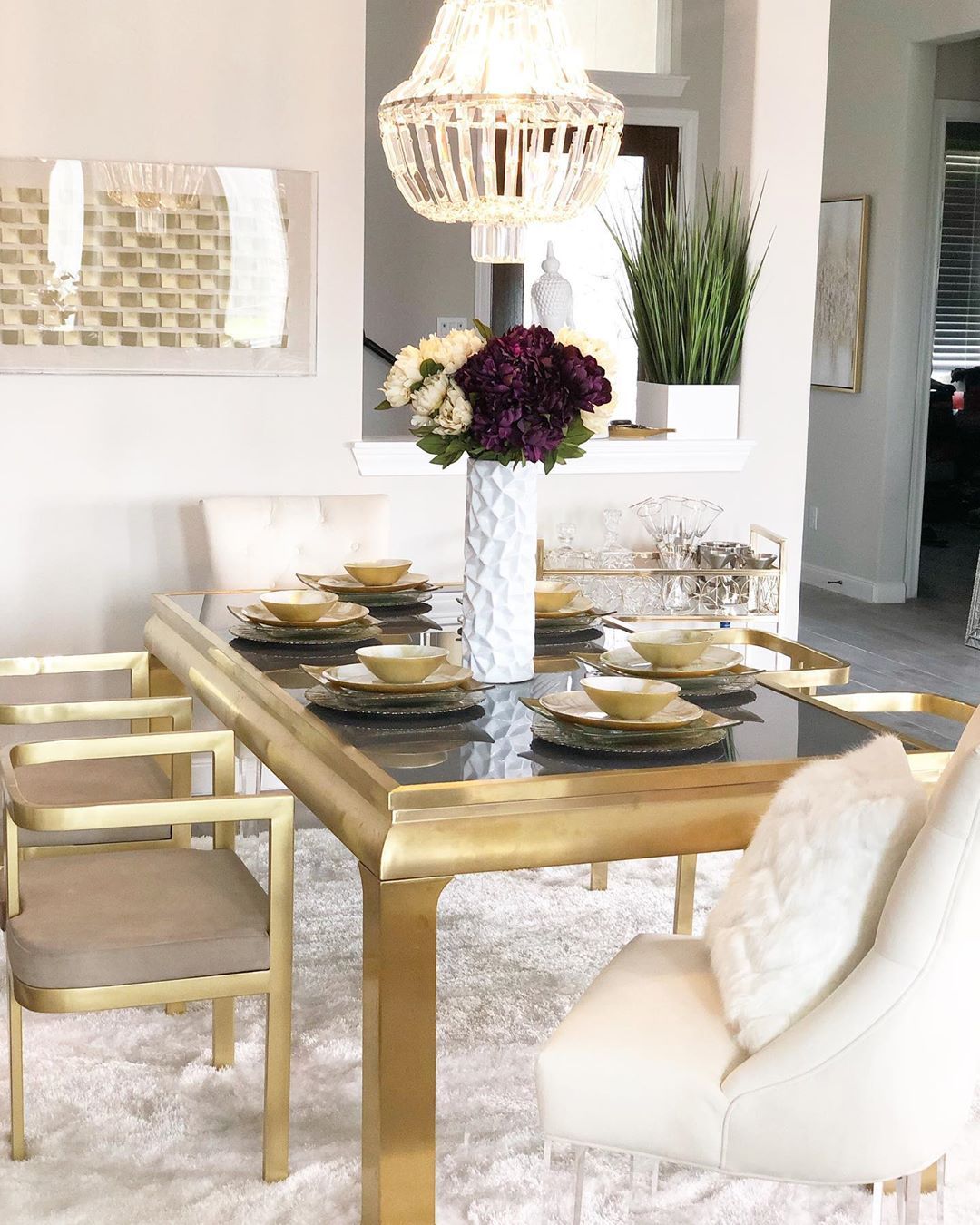 Feather Collection Liza  White Shag Rug –   Sparkly, Plush, Minimalist Glam - Well Woven - white rug in a dining room