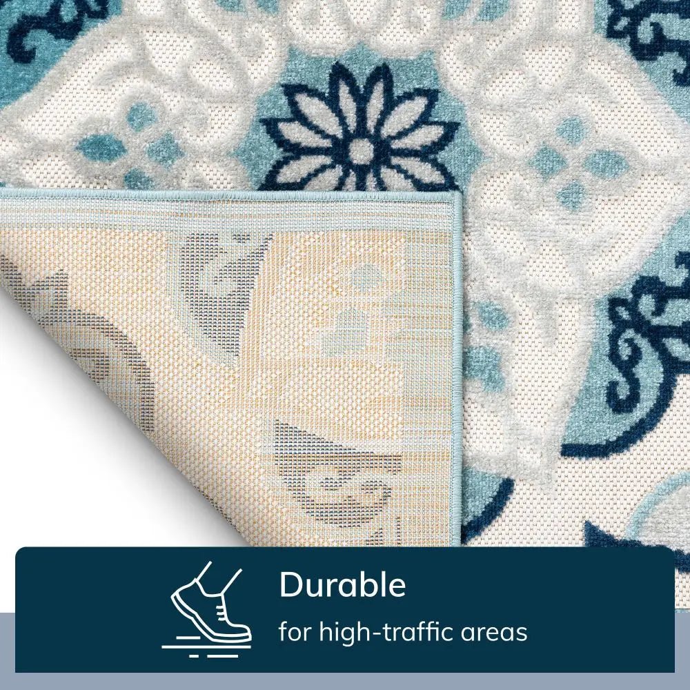 Cabo Bold Floral Blue Indoor/Outdoor High-Low Rug Well Woven