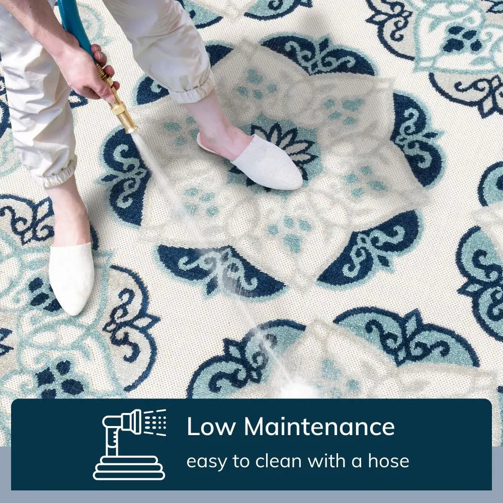 Cabo Bold Floral Blue Indoor/Outdoor High-Low Rug Well Woven