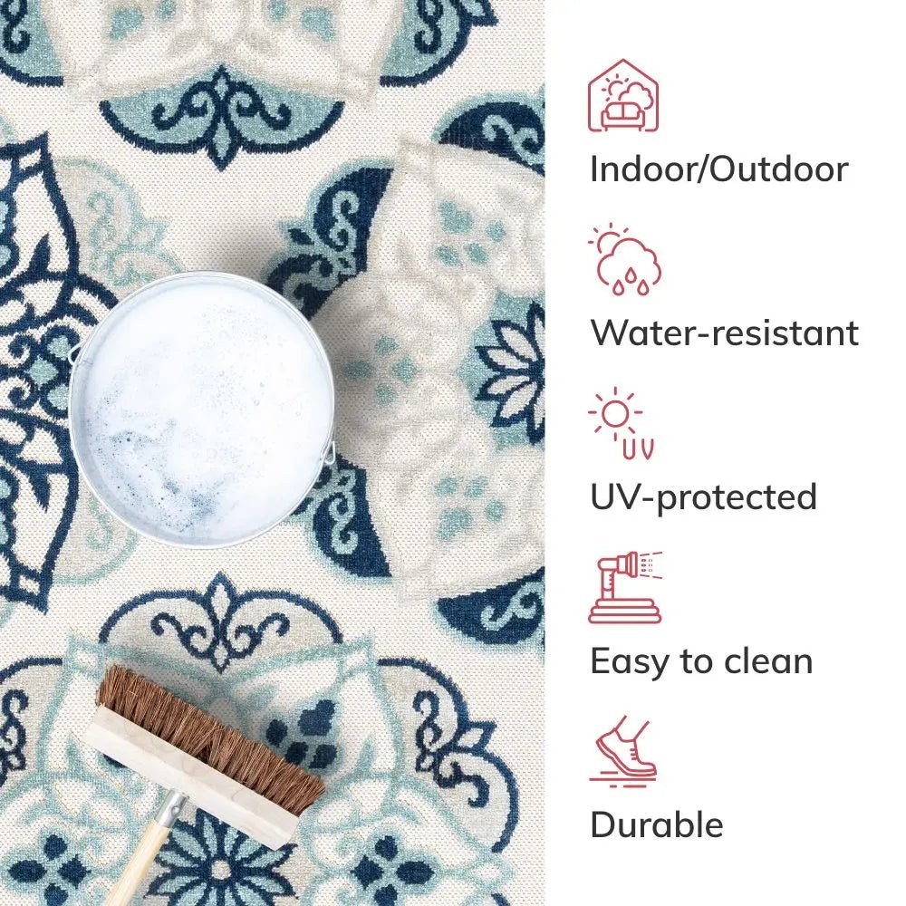 Cabo Bold Floral Blue Indoor/Outdoor High-Low Rug Well Woven