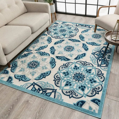 Cabo Bold Floral Blue Indoor/Outdoor High-Low Rug Well Woven